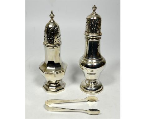 Two silver sifters and one pair of silver sugar tongs, one sifter Birmingham, William Hutton and sons Ltd dated 1913, other B