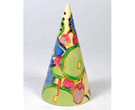 A Clarice Cliff hand painted sugar sifter, 'Bizarre,' Blue Chintz design, circa 1930. Height 14.5cm.