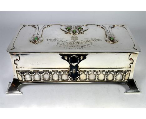 A silver arts &amp; crafts desk top box, jade cabochons to sudo strap hinges with copper rivets, inscribed 'Presented to Prof