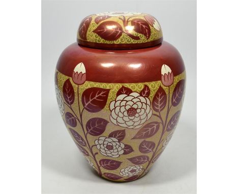 A William De Morgan ginger jar, decorated in a ruby red lustre with flowering foliage. Circa 1890, impressed tulip mark, sign