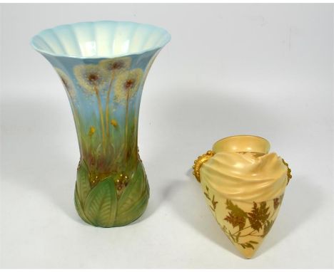 Two pieces of Royal Worcester, one vase painted with Dandelions and a blush wall pocket, circa 1930. Vase height 21cm. (2)