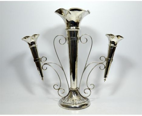 A George V silver epergne having three tapered vases with shaped everted rims, Sheffield 1936, Walker & Hall. Height 37cm, ap