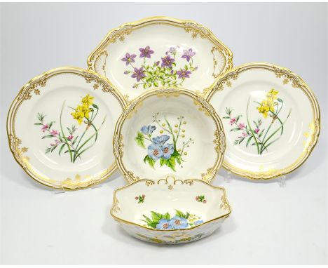 A selection of Spode 'Stafford Flowers' bowls and plates, hand painted with floral designs and gilt border. Printed marks on 