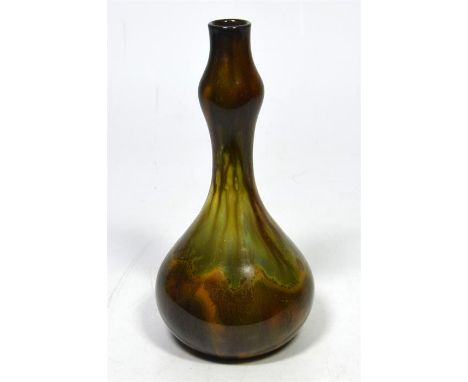 A Linthorpe Pottery vase, of double gourd shape in mottled brown and green glazes, designed by Christopher Dresser. Shape no.