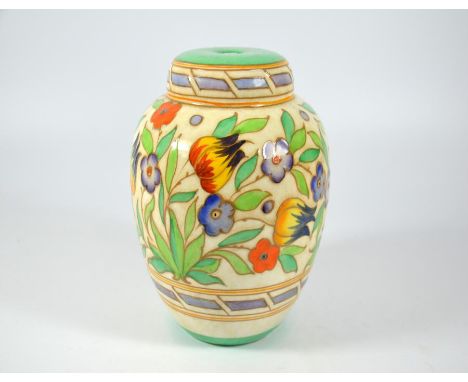 A Charlotte Rhead lamp Art Deco, tulip design, tubelined decoration, circa 1930. Height approx 16cm.