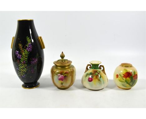 A group of Royal Worcester, four vases and a ewer. One signed A.Shuck, dated 1880-1930. Height of tallest 22cm. All as found.