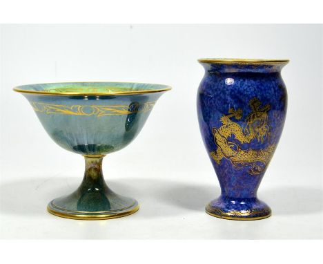 A Wedgwood dragon lustre and a Minton fruit lustre melba cup. Factory marks, circa 1920. Height 11cm and 9cm. (2)