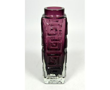 A Whitefriars Greek Key vase, aubergine coloured, designed by Geoffrey Baxter. Height 20cm.