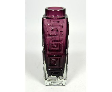 A Whitefriars Greek Key vase, aubergine coloured, designed by Geoffrey Baxter. Height 20cm.