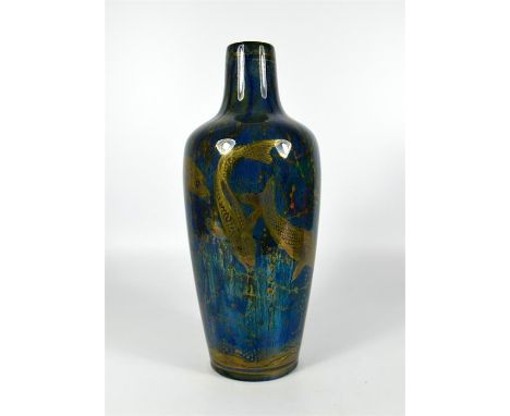 A Pilkingtons Royal Lancastrian lustre vase decorated with fish. Signed by Richard Joyce. Circa 1919. Height 27cm. 