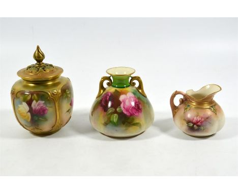 Three Royal Worcester vases with roses, printed marks, circa 1900. Height of tallest with lid 12cm. (3)