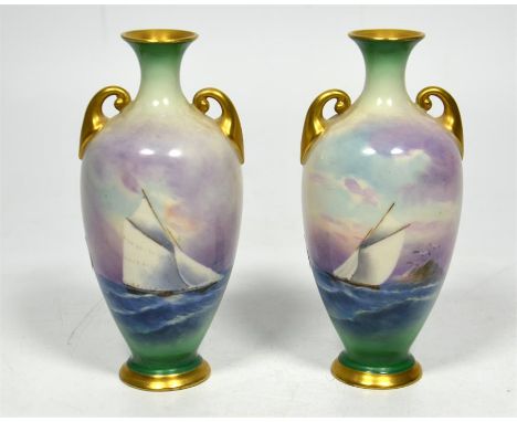 A pair of Royal Worcester vases, depicting sailing ships, each painted and signed by R.Rushton, date code for 1909. Height 12