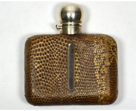 A Victorian silver topped glass hip flask, in snakeskin cover, Birmingham 1891. Height 10.5cm.