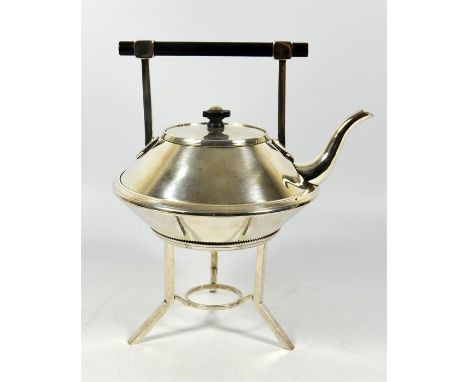 A Christopher Dresser style silver plated kettle, circa 1883. Drop-in cover with button finial and ebony handle, on a tripod 