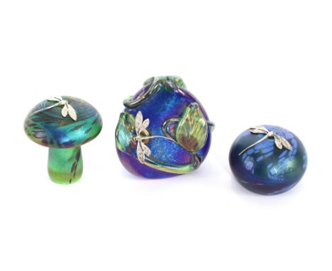 Three various Neo glass paperweights with dragonfly decoration, by K Heaton