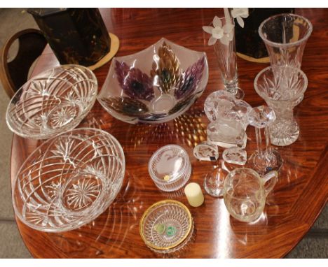 A pair of heavy cut glass fruit bowls; a tinted glass fruit bowl, various vases, candlestick, French crystal ornaments etc.