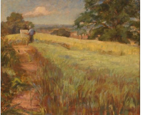 K Hinwood 1973, study of an artist painting in fields, signed and dated oil on canvas, 51cm x 60cm