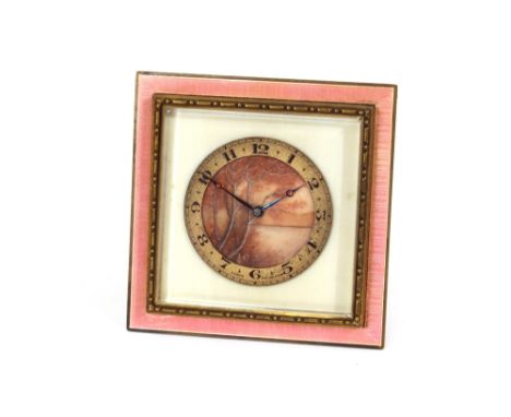A Swiss gilt and pink enamel decorated strut clock, having central decoration of a lake scene, 8cm high