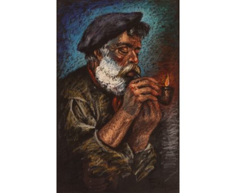 F Aquillo, five various framed and glazed studies depicting Don Quixote, another nobleman, a man lighting his pipe, a bull; a