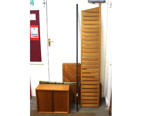 A part Ladderax unit, comprising one teak ladder, one cupboard, shelves, corner shelves, and corner post
