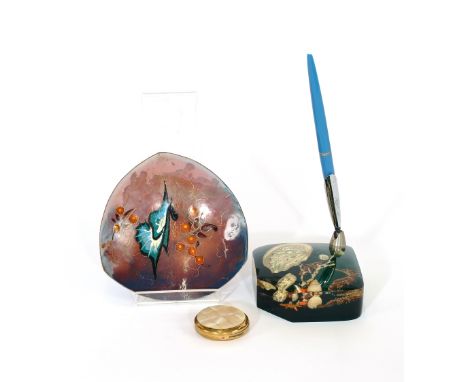 A 1960's shell decorated desk stand; a trefoil shaped enamel dish with dragon and floral decoration; and a mother of pearl de