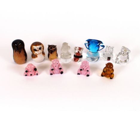 A collection of Goebel, Langham, and other glass ornaments, depicting Teddy bears and owls (12)