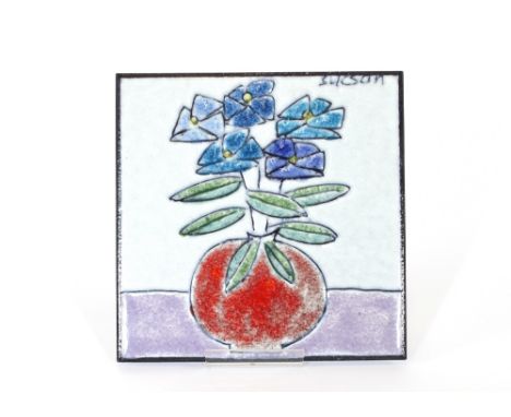 A Charles Sucsan pottery tile, decorated flowers in a vase