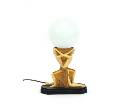 An Art Deco style table lamp, decorated with figures of wrestlers beneath a globe shade, 36cm high overall