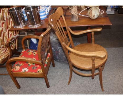 A bent wood stick back elbow chair, and a 1930's low armchair with cane back AF (2)