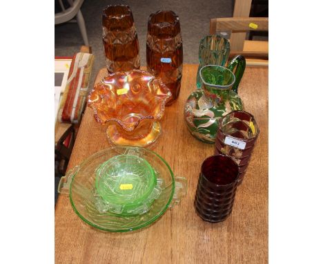 A Carnival glass fruit bowl, a pair of amber tinted glass vases, an Art Deco fruit set, a green glass and enamel decorated wa