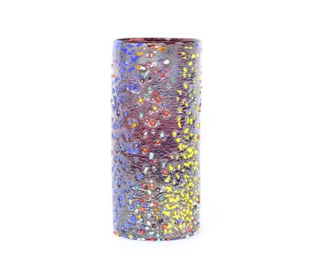 A Murano glass cylindrical vase, by Zecchin, having brightly coloured overlaid enamel decoration, 24cm high, with origianl bo