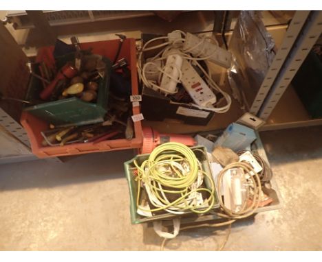 Box of mixed workshop and carpentry hand tools and two boxes of electrical equipment 