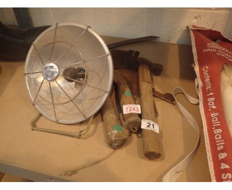 Collection of hand tools and a Calor gas heater