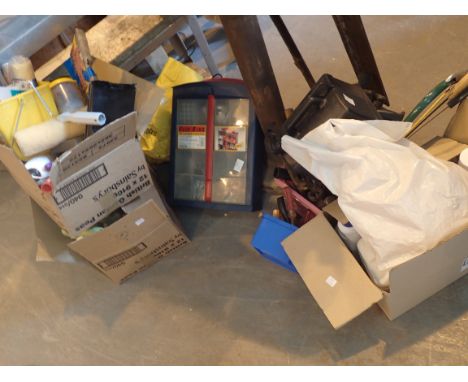 Collection of workshop and garden tools including electric drill