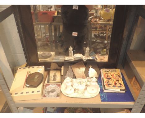 Box of mixed items including wood framed mirror, astrology set, vintage photographs, dressing table set and signed copy of Ke