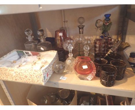 Shelf of mixed glass including decanters and drinking glasses 