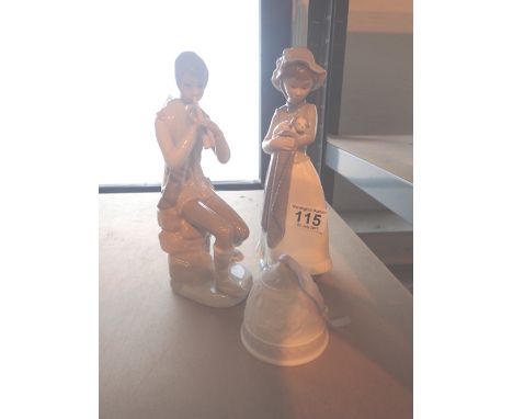 Two Nao figures, girl with puppy and boy with flute and a further Lladro Parian ware bell