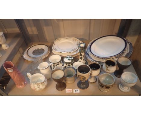 Shelf of mixed ceramics and stoneware including plates, jugs, Dartmouth pottery fish vase etc