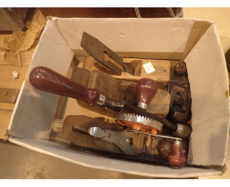 Two Record hand planes, two vintage wooden planes and a Stanley hand drill