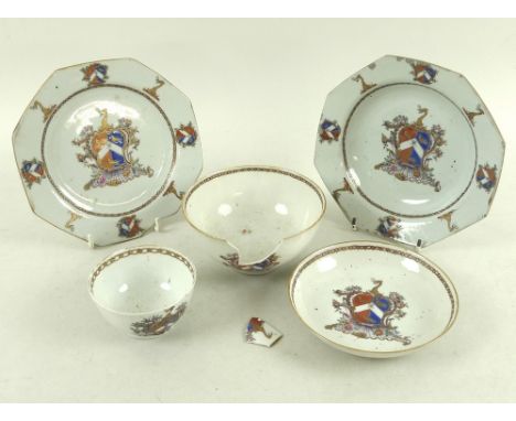 A group of 18th and 19th century porcelain, comprising five pieces of armorial china, two of which are likely Chinese Export,