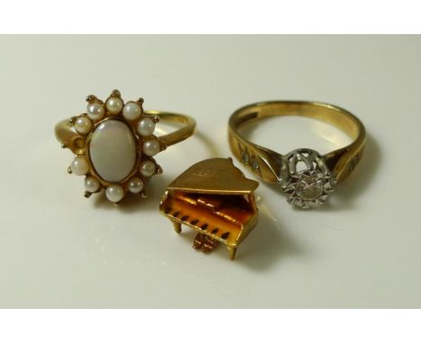 A group of 9ct gold rings and jewellery, comprising a Jersey Pearl, seed pearl and opal ring, size I, 1.9g, a/f missing one s