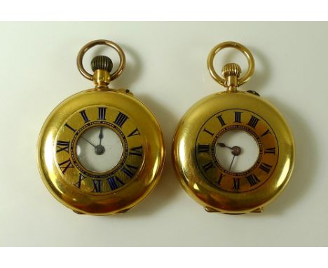 Two 18K gold cased half hunter lady's pocket watches, both keyless wind, with Roman numerals to outer case, white enamel dial