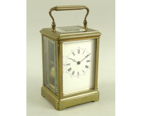 A Richard et Cie French carriage clock, late 19th century, brass case with cast hinged handle and bevelled glass panels, Roma
