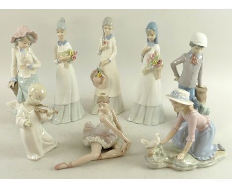 A group of ceramic figurines, comprising a Lladro figurine modelled as a seated ballet dancer, 12 by 16 by 13cm, an oriental 