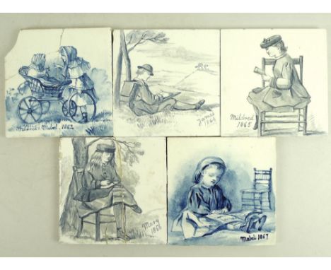 A set of sixteen Victorian tiles, likely once belonged to the Lowther family, one painted with James Lowether, aged 9, sittin