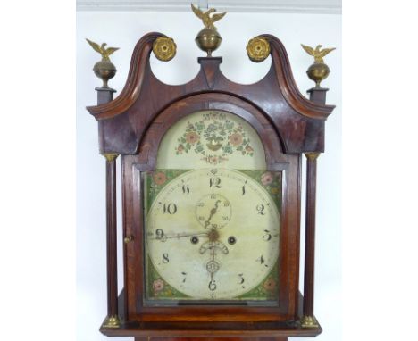 A 19th century mahogany cased long case clock, cream painted domed dial with floral sprays, subsidiary seconds dial and date 