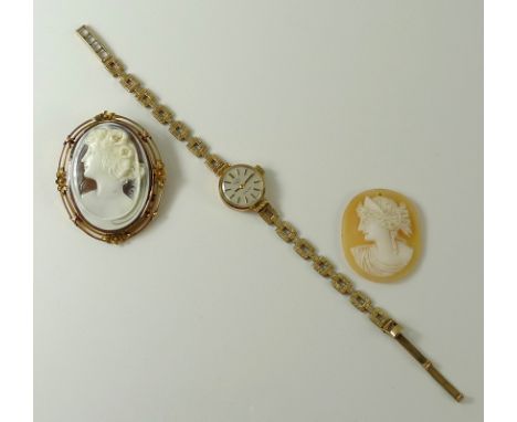 A 9ct gold mounted cameo brooch, the two banded mount of floral design, with safety chain, 11.3g, together with a further cam