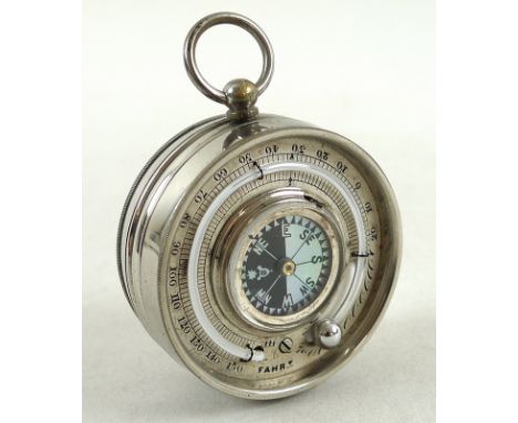 An unusual late 19th century miniature combination pocket thermometer, compass and barometer, unsigned but likely made by F K