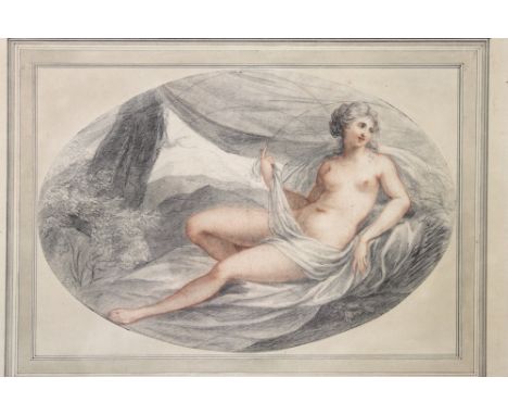 A 19th century oval pencil and chalk sketch of a reclining nude female figure, with countryside to the background, in the sty
