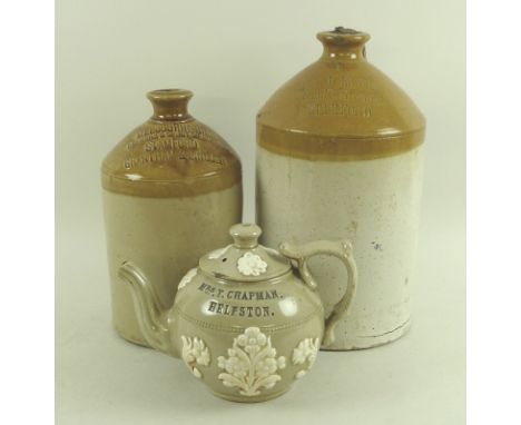 An early Victorian stoneware named teapot, local interest, of globular form with buff coloured glaze, the lid and body with a